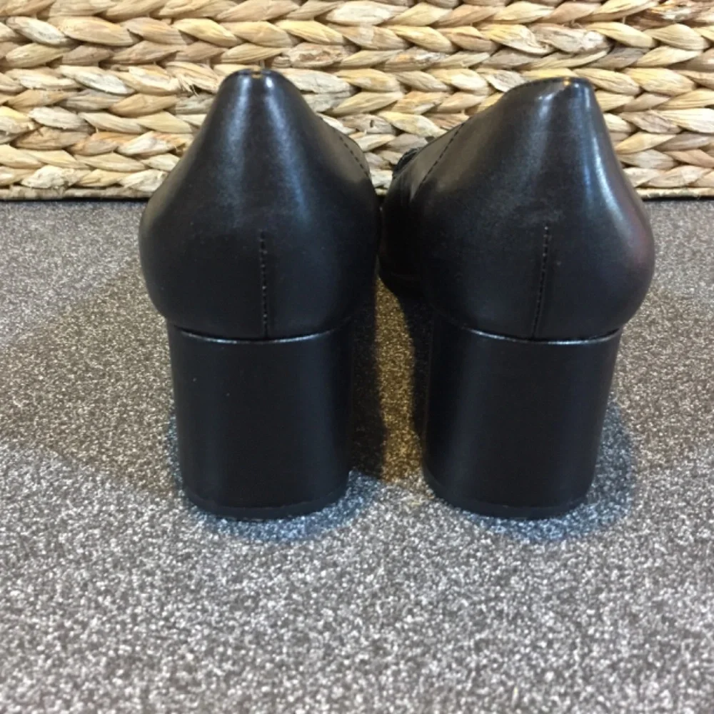 Anne Klein Iflex Black Leather Heeled Loafers with Tassel & Patent Detail